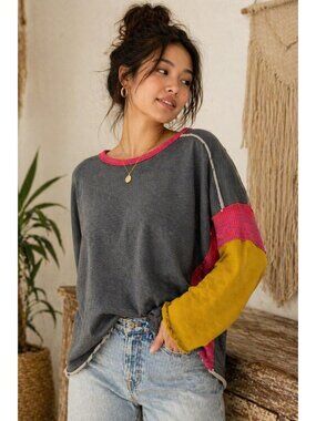 Natural Life Colorblock Sweatshirt Womens S/M Boho Oversized Raw Hem